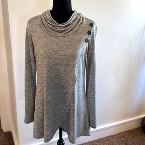 Cowl neck tunic top. The fabric is very lightweight and has a slight shimmer.